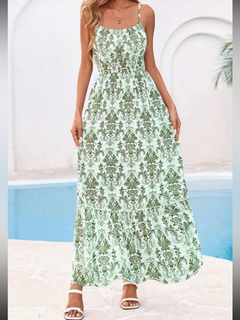 Scoop-Neck Floral Print Maxi Dress in Mint Green